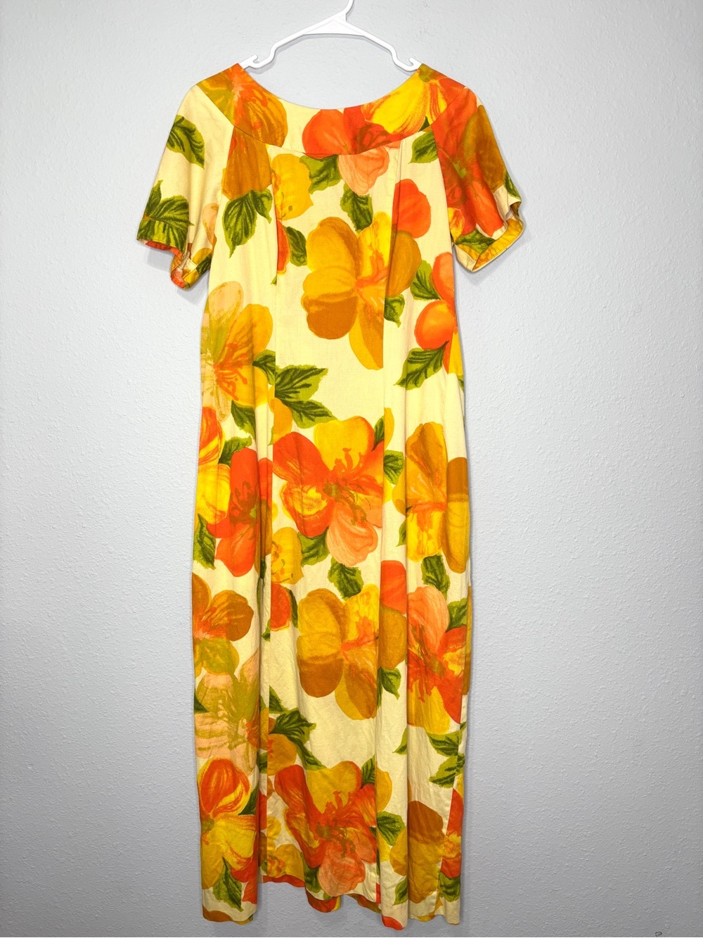 Alice Polynesian Vintage 1960s Orange Floral Barkcloth Maxi Dress w/ Back Drape
